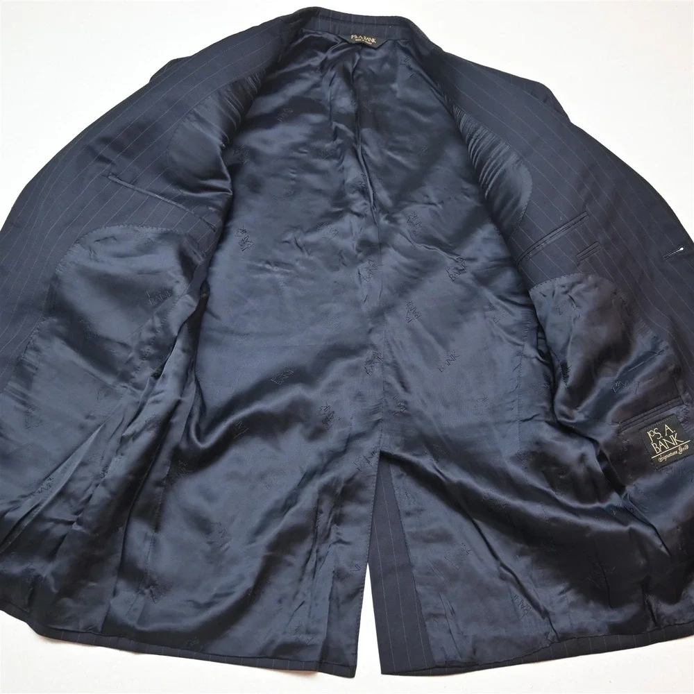 Jos A Bank 38R 32x30 Navy Blue Striped 100% Wool Gordon Mens Jacket Pants Suit